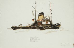 Schlepper Louise, Hamburg 1979 - Aquarell, 38x56
