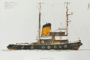 Schlepper Wilhelmine, Hamburg 1979 - Aquarell, 38x56