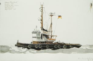 Schlepper Rönnebeck, Bremerhaven 1977 - Aquarell, 38x56