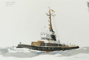 Schlepper Mittelsbüren, Bremerhaven 1977 - Aquarell, 38x56