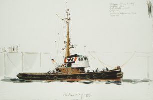 Schlepper Taucher O. Wolf, Cuxhaven 1985 - Aquarell, 38x56